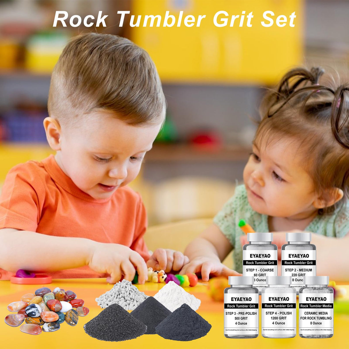 Rock Tumbler Grit and Ceramic Tumbling Media 2 Pounds, Polish Up to 13 lbs. of Rocks, Polish Refill Media Kit, Compatible with Any Tumbler (4 Step + Tumbling Media) eyaeyao