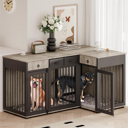 PAPIHO Dog Crate Furniture for 2 Dogs,Corner Wooden Furniture Style Combined Dog Crate Kennel with Fabric Drawers&Removable Divider,Dog Crate Can Use Separately - WoodArtSupply