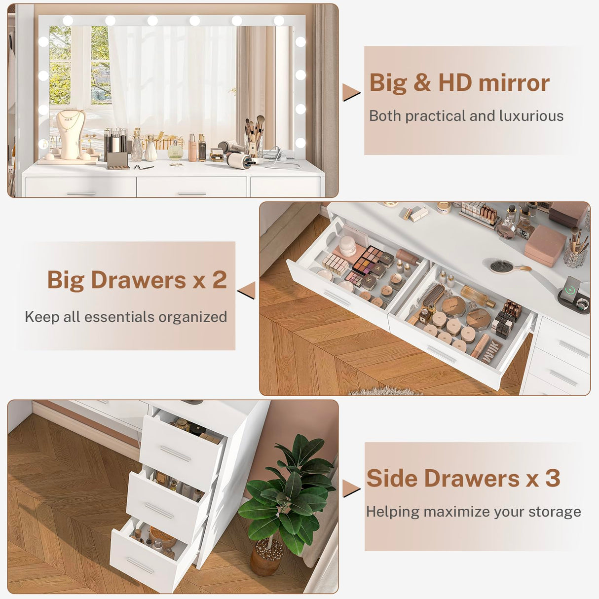 FIONESO 47.2" Large Vanity Desk with Mirror & 14 LED Lights, Makeup Vanity Table with 5 Drawers & Charging Station, Makeup Vanity Desk, 3 Lighting Colors, Dressing Vanity Table for Bedroom, White FIONESO