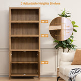 SICOTAS 5-Tier Boho Rattan Bookcase with Doors - Farmhouse Large Bookshelf in Reclaimed Caramel Oak SICOTAS