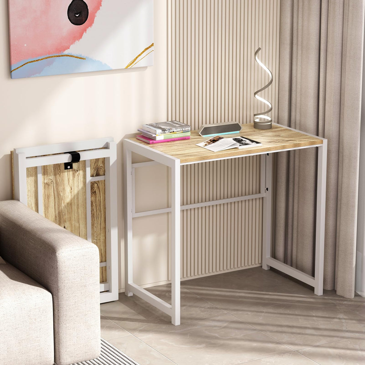 GreenForest Folding Desk No-Assembly,31.5 in Small Desk for Small Spaces Computer Desk for Home Office,Space Saving Foldable Table Study Writing Desk,Oak White GreenForest