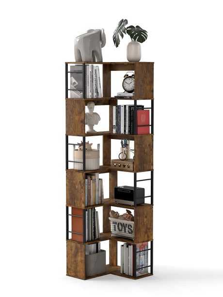 7 Tier Corner Bookshelf 74 Inches Tall Corner Bookcase Industrial L Shaped Book Shelf with Metal Frame Display Rack Storage Organize for Home Office,Living Room,Bed Room (Brown) Suuiwau