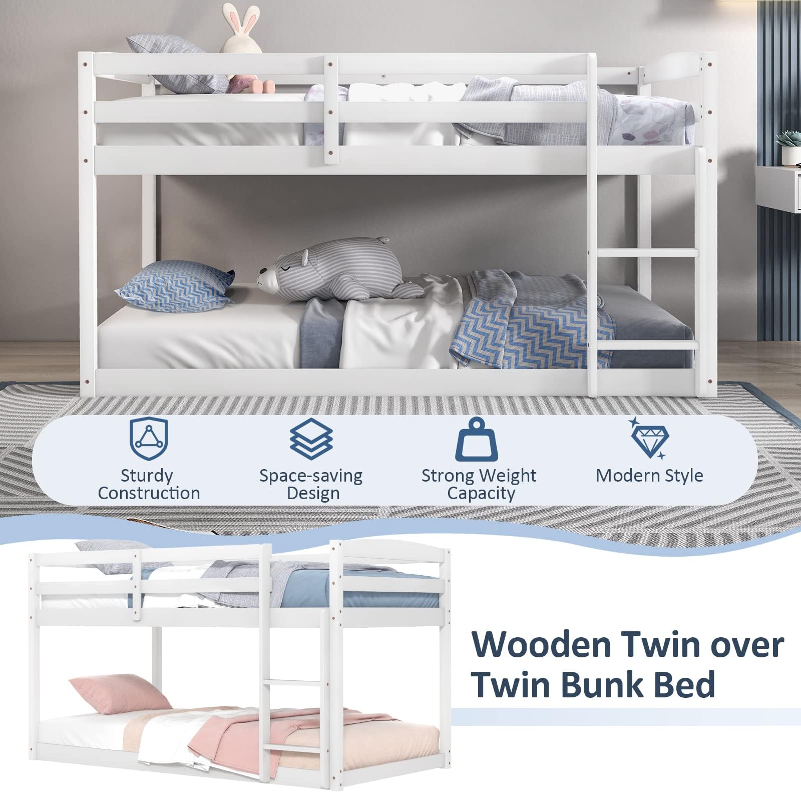 Majnesvon Twin Low Bunk Bed Frame with Slide & Ladder - Solid Wood Design for Kids in White - WoodArtSupply