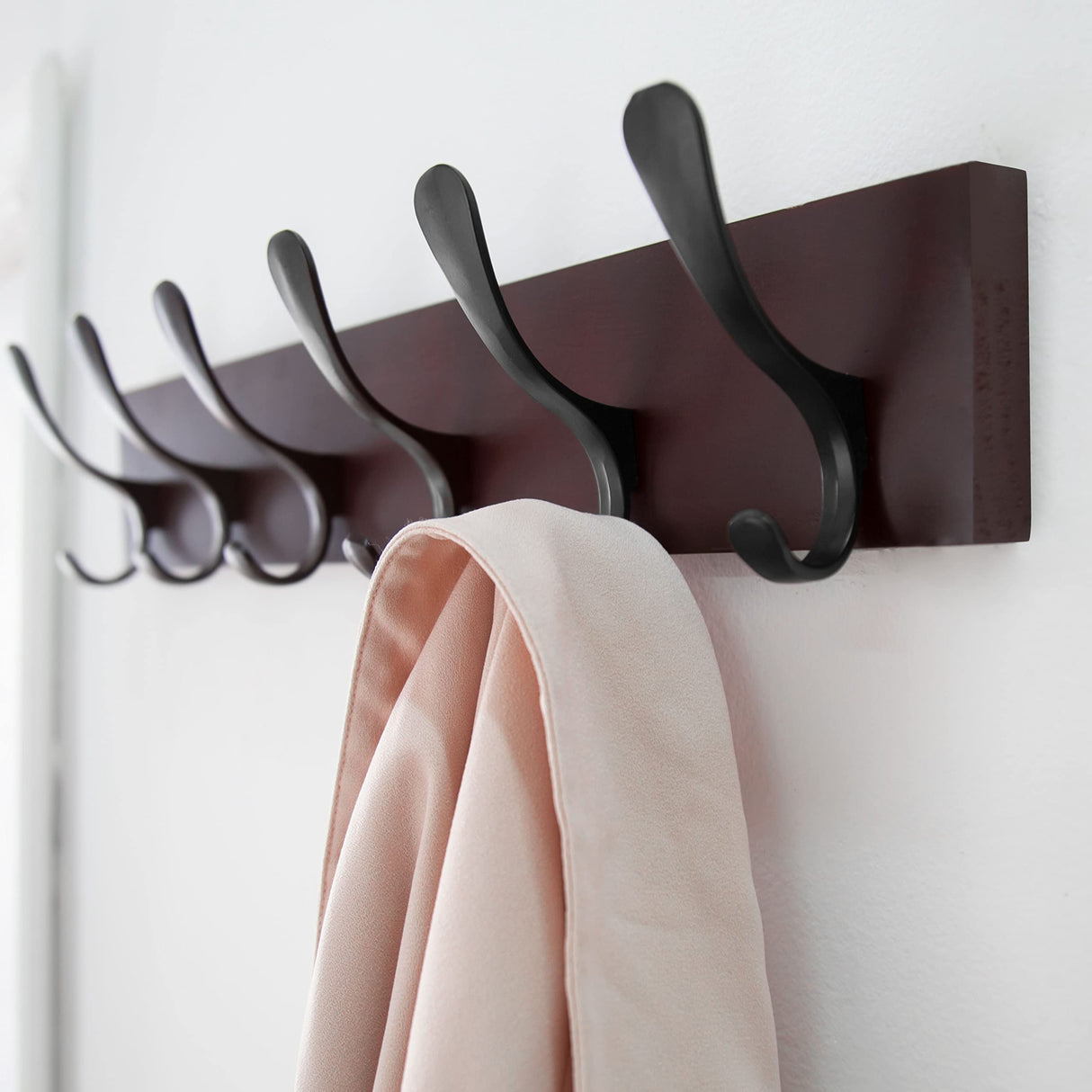 SKOLOO Coat Rack Wall Mount - Wooden Brown Wall Coat Hook, Wall Coat Hanger Rack with 6 Hooks for Hanging Coats, Hats, Clothing, Scarfs, Brown & Black SKOLOO