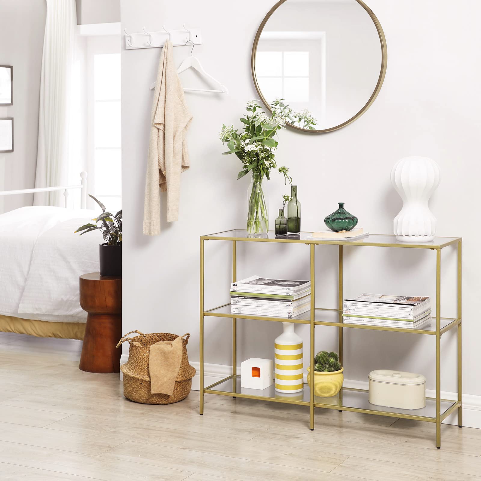 VASAGLE 39.4 Inch Console Table with 3 Shelves, Sofa Table, Entryway Table, Metal Frame, Tempered Glass Shelf, Modern Style, for Entryway Living Room Bedroom, Metallic Gold and Transparent UL - WoodArtSupply