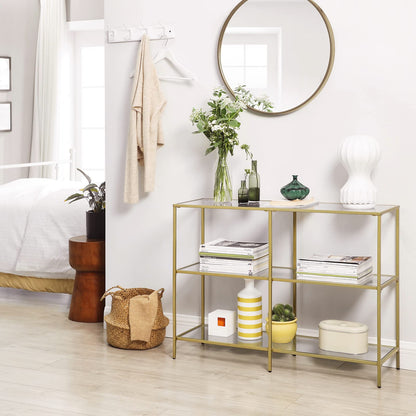 VASAGLE 39.4 Inch Console Table with 3 Shelves, Sofa Table, Entryway Table, Metal Frame, Tempered Glass Shelf, Modern Style, for Entryway Living Room Bedroom, Metallic Gold and Transparent UL - WoodArtSupply