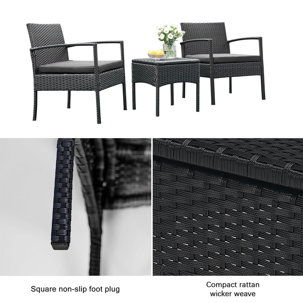 PROHIKER 3 PCS Patio Rattan Conversation Chairs Set, Outdoor Patio Furniture Balcony Furniture Set, Wicker Patio Set for Garden Porch Balcony Yard, Black PROHIKER