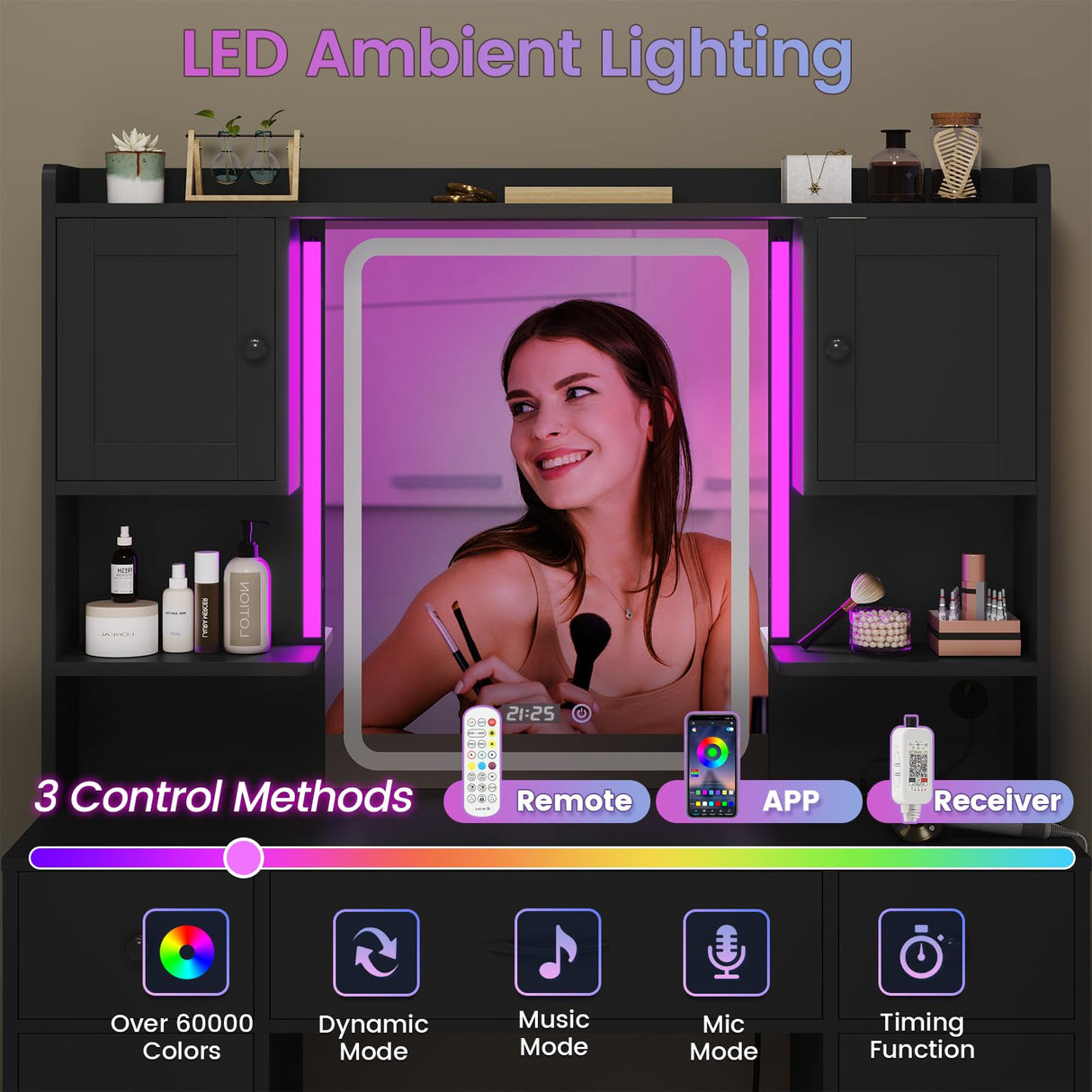 Tiptiper Large Makeup Vanity Desk with Mirror and Lights, Vanity Table with Charging Station & Time Display & Ambient Light, Makeup Table with Drawers & Storage Cabinets, Black Tiptiper