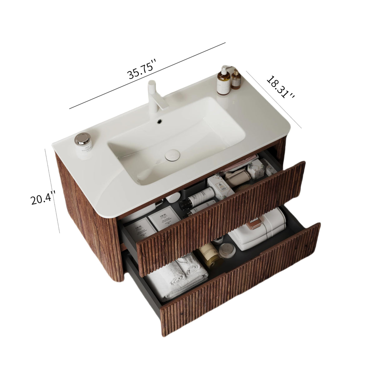 GUCOGUKA Wall-Mounted Bathroom Vanity, 36'' Floating Vanity with Sink Combo, Plywood Bathroom Vanity with 2 Soft-Close Drawers, Sink Hole Cover and Drain﻿, Retro Walnut GUCOGUKA