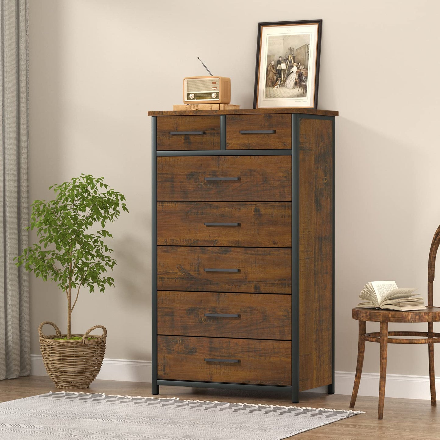 IKENO 7 Drawer Tall Dresser with Sturdy Metal Frame, Industrial Drawer Chest for Bedroom, Clothes Storage Cabinet - WoodArtSupply