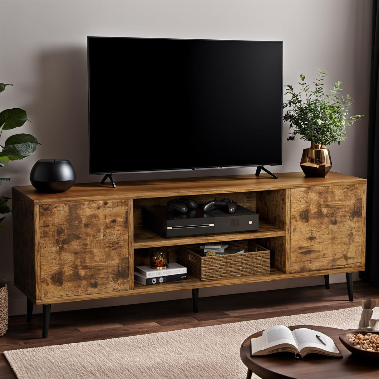 YESHOMY Modern TV Stand for 65" Television, Entertainment Center with Storage Cabinets and Open Shelves, Retro Style Media Console for Living Room, Bedroom, Office, 58 Inch, Rustic Brown YESHOMY