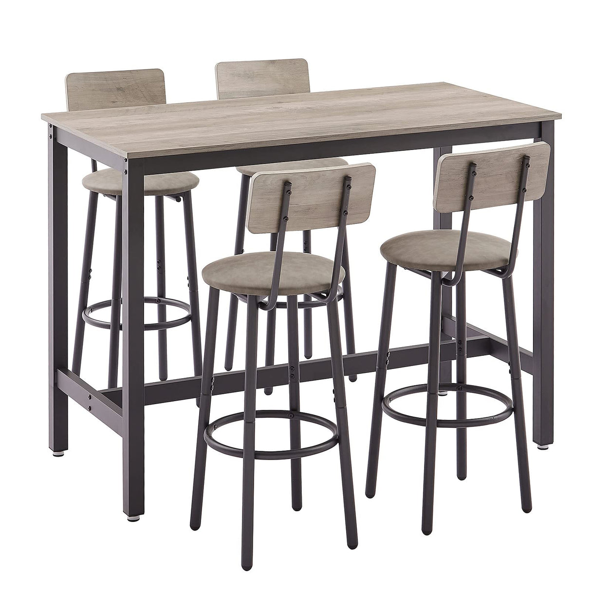 Industrial Grey Bar Table Set with 4 PU Backrest Stools – 5-Piece Counter Height Dining Ensemble GNIXUU