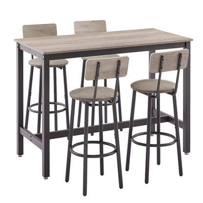 Industrial Grey Bar Table Set with 4 PU Backrest Stools – 5-Piece Counter Height Dining Ensemble