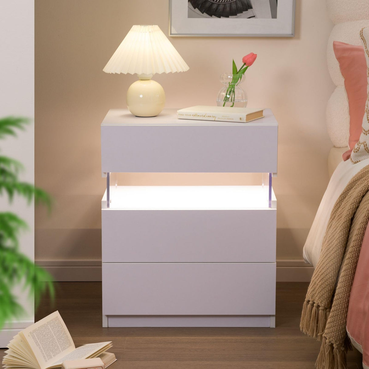 i-aplus Night Stand set 2 LED Night Stand for Bedroom Modern LED Bedside Table with 3 Drawers End Side Table i-aplus