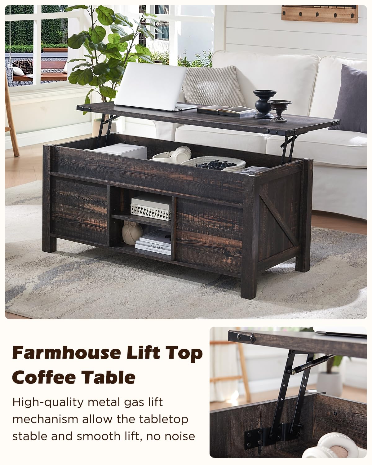 OKD 48" Farmhouse Lift Top Coffee Table with Sliding Barn Door,Rustic Center Table with Hidden Storage Compartment,Lifting Tabletop and Adjustable Shelf for Living Room,Office,Dark Rustic Oak - WoodArtSupply