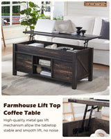 OKD 48" Farmhouse Lift Top Coffee Table with Sliding Barn Door,Rustic Center Table with Hidden Storage Compartment,Lifting Tabletop and Adjustable Shelf for Living Room,Office,Dark Rustic Oak OKD