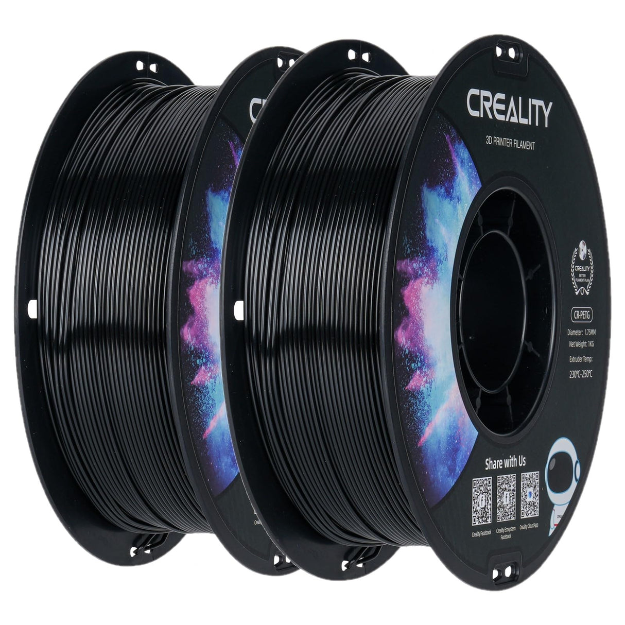 Creality PETG Filament 1.75mm, 3D Printer Filament, Excellent Toughness High Precision, Odorless Non-Toxic Moistureproof, Accuracy +/- 0.02mm, 2 Pack-1kg (Black & Black) Creality
