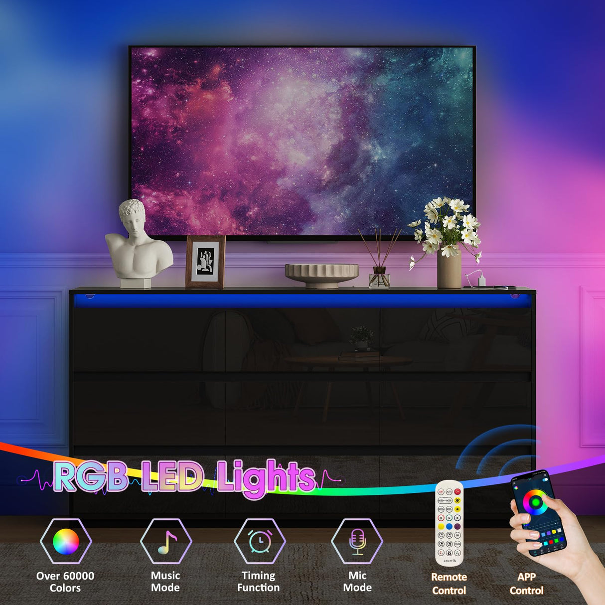 Halitaa Black TV Stand, Storage Cabinet with 9 Drawers for Bedroom Modern Large High Gloss Cabinet for Living Room Office(63" W) Halitaa