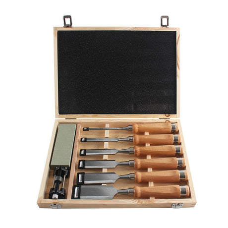HODYANN 8 Pieces Wood Chisel Tool Sets, 11.4in Woodworking Carving Chisel Kit with Honing Guide, Sharpening Stone and Wooden Case HODYANN