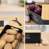 Dekosilave Kitchen Vegetable Storage Set of 3, Metal Onion Garlic Potato Storage Set, Kitchen Canisters Vegetable Keeper Containers with Aerating Holes and Wooden Lid (Black) Dekosilave