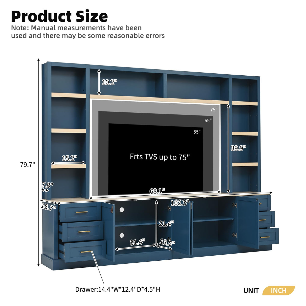 LUMISOL Farmhouse 4-Piece Entertainment Center Wall Unit for TVs up to 75", Large TV Stand with Bookshelves, 6 Drawers & Adjustable Shelves, Rustic Large Media Console for Living Room, Blue LUMISOL