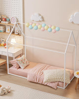 VEVOR Twin Size House Bed Frame, Metal Kids Floor Bed Frame with Roof, Heavy Duty Steel Slats Support, House Shape Bedframe for Girls and Boys, No Box Spring Needed, Easy Assembly, White VEVOR