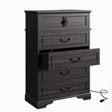 IRONCK 5 Drawer Dresser for Bedroom, Farmhouse Chest of Drawers with Charging Station, Vintage Drawer with Natural Texture, 47.8" Tall Dresser for Living Room, Hallway, Charcoal IRONCK