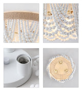 AMZASA White Boho Wood Beaded with Hemp Rope Flush Mount Ceiling Light Farmhouse Small Chandelier Light Fixture for Bedroom Hallway Entryway Closet Kitchen Dining Room Living Room Nursery AMZASA