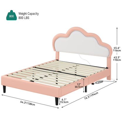 YITAHOME Full Size Bed Frame, LED Bed Frame with PU Faux Leather Adjustable Cloud Headboard, Platform Upholstered Bed Frame with Wooden Slats Support, No Box Spring Needed, Easy Assembly, Pink