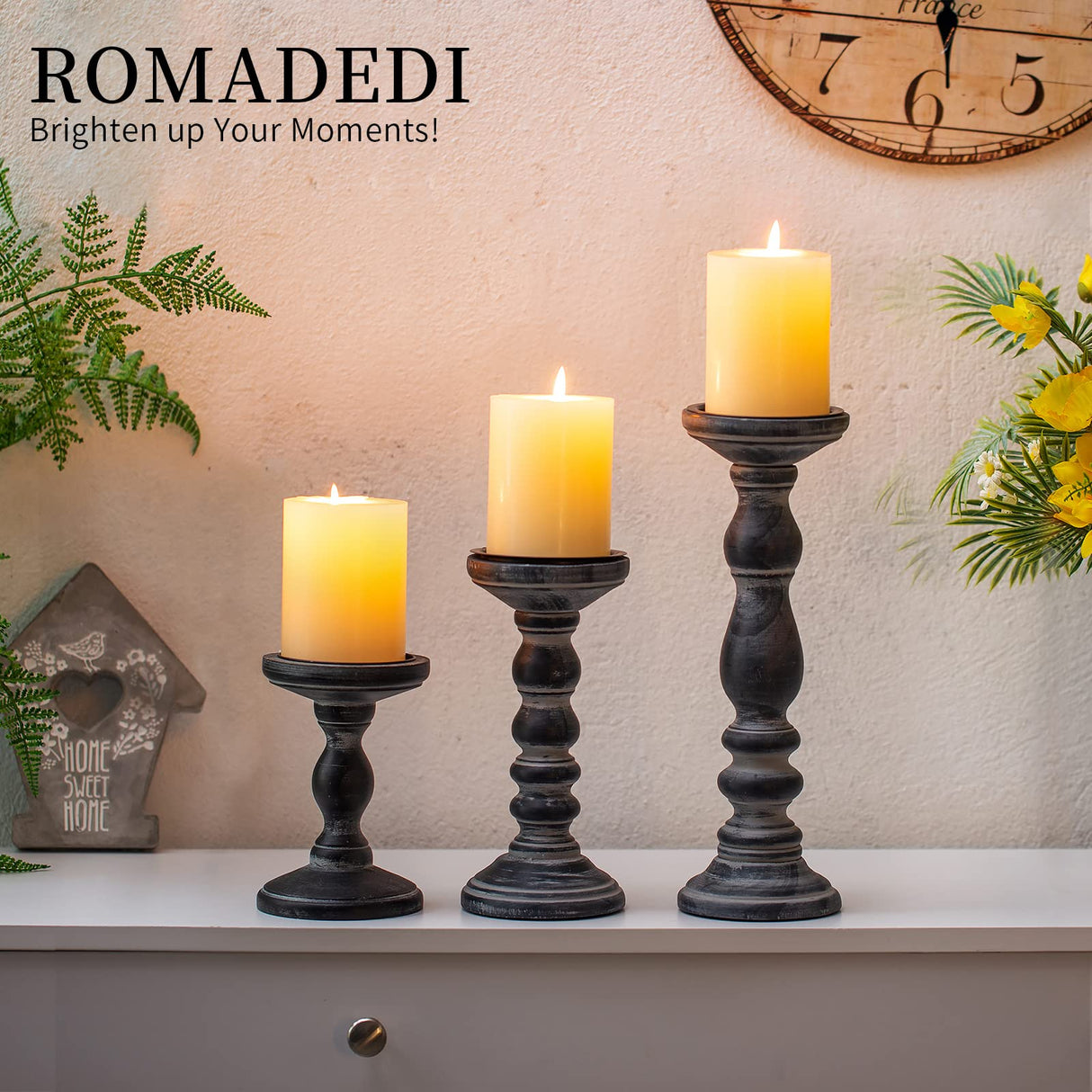 Candle Holder for Pillar Candles: Romadedi Set of 3 Decorative Wood Candlestick Holders, Rustic Wooden Candle Stand for Fireplace Mantle End Table Shelf in Farmhouse Style, Black 6”, 8.3”, 12” Romadedi