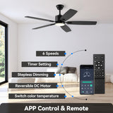 SUNMORY 52" Ceiling Fans with Lights, Smart Ceiling Fan with APP and Remote Control, Reversible DC Motor, Noiseless, Stepless Dimmable, Modern Ceiling Fan for Indoor/Outdoor Use, Black SUNMORY