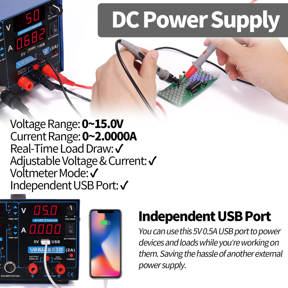 YIHUA 853D 2A USB SMD Hot Air Rework Soldering Iron Station, DC Power Supply 0-15V 0-2A with 5V USB Charging Port and 35 Volt DC Voltage Test Meter YIHUA