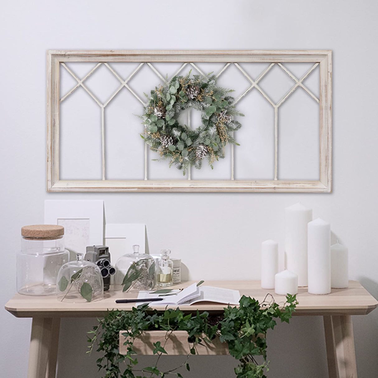 Sintosin Rustic Wood Window Frames for Wall Decor 40 x 20 inches, Hanging Distressed White Farmhouse Window Frame Wall Decor, Decorative Window Frame Decor for House Living Room Bedroom Christmas Sintosin