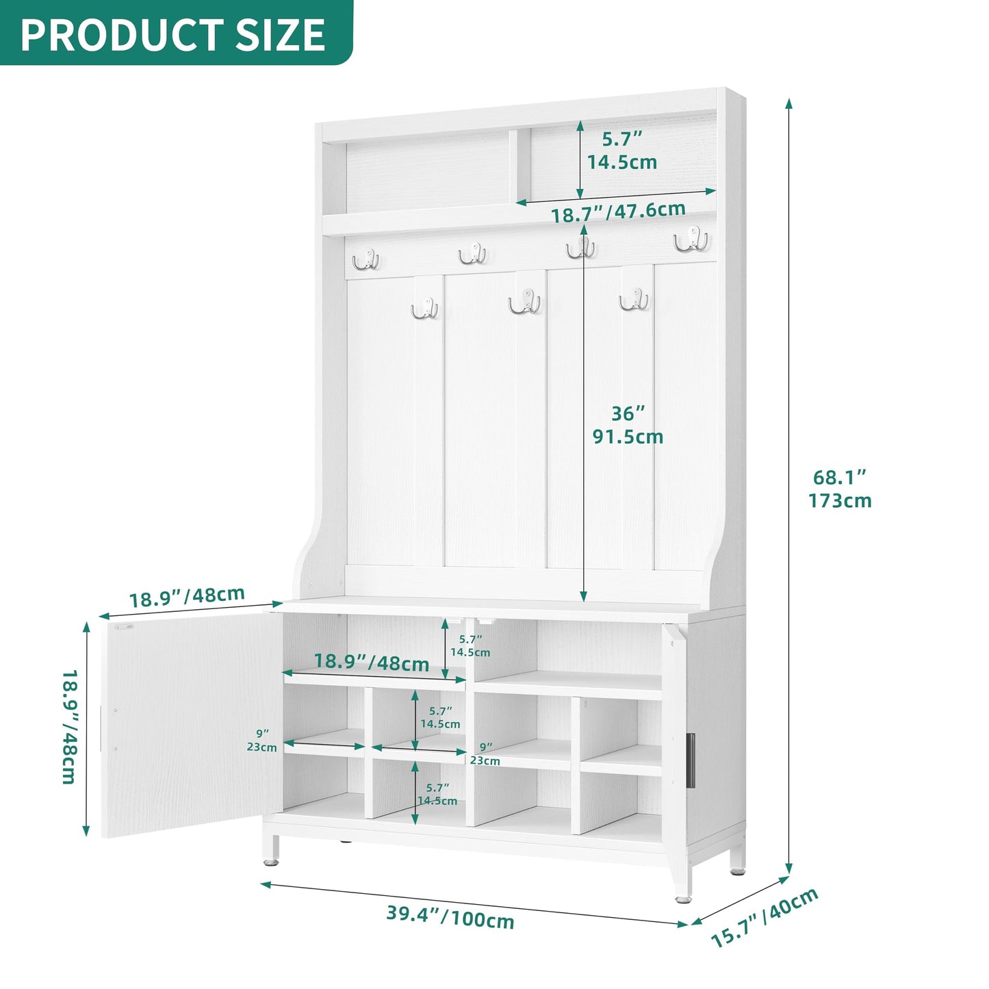 YITAHOME Hall Tree with Shoe Storage Bench for Entryway, 4-in-1 Coat Rack with Bench, Entrance Organizer with Shoe Storage, Hall Tree with Adjustable Shoe Storage and Hanging Hooks, White