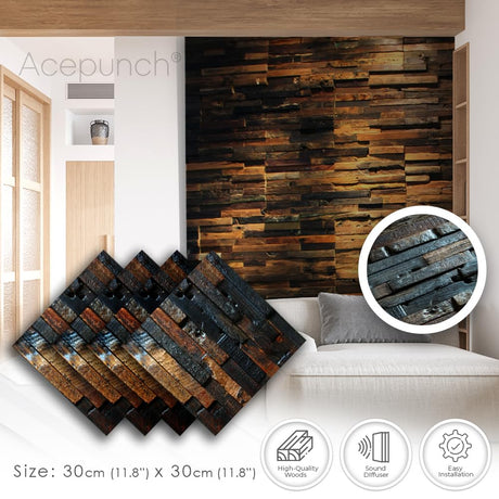 Acepunch 6 Finland 3D Wooden Wall Art Panel Home Decorative Sound Absorbing Dampening Tile Soundproofing Acoustic Music Insulator Noise reduction Office Studio Room Rustic Vintage 12 x 12 in AP1237 Acepunch
