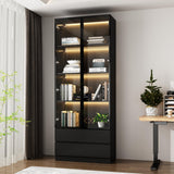 FUNISIR Curio Display Cabinet with Light, Storage Shelves with Pop-up Glass Doors, 2 Drawers & 3 Color Light, Collectibles Cabinet Display Shelf, Bookshelf Showcase for Living Room, Black w/Drawer FUNISIR