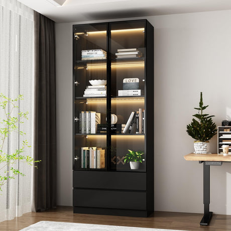FUNISIR Curio Display Cabinet with Light, Storage Shelves with Pop-up Glass Doors, 2 Drawers & 3 Color Light, Collectibles Cabinet Display Shelf, Bookshelf Showcase for Living Room, Black w/Drawer FUNISIR