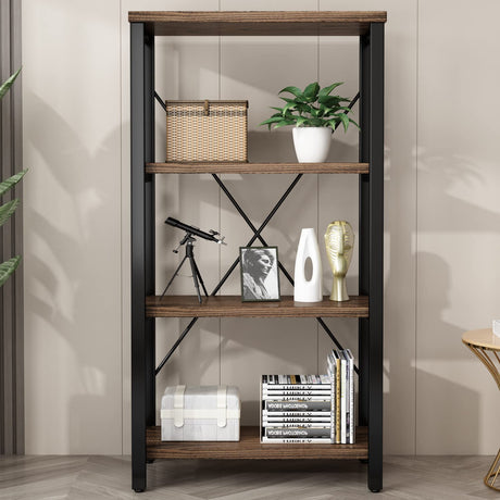 Rustic Solid Wood 4-Tier Bookshelf with Industrial Metal Frame - Vintage Storage Organizer in Retro Brown AY-AOYUAN