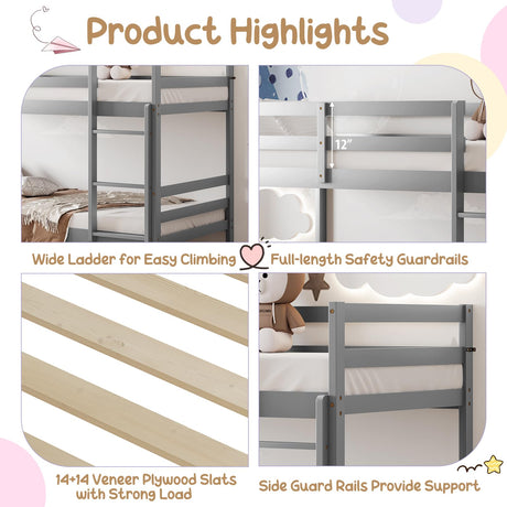 KOMFOTT Wood Bunk Bed Twin Over Twin, Bunk Bed with Ladder & Safety Guardrail, Solid Wood Bed Frame, Ideal for Dormitory & Multiple-Child Family, No Box Spring Needed, Kids Bunk Bed KOMFOTT