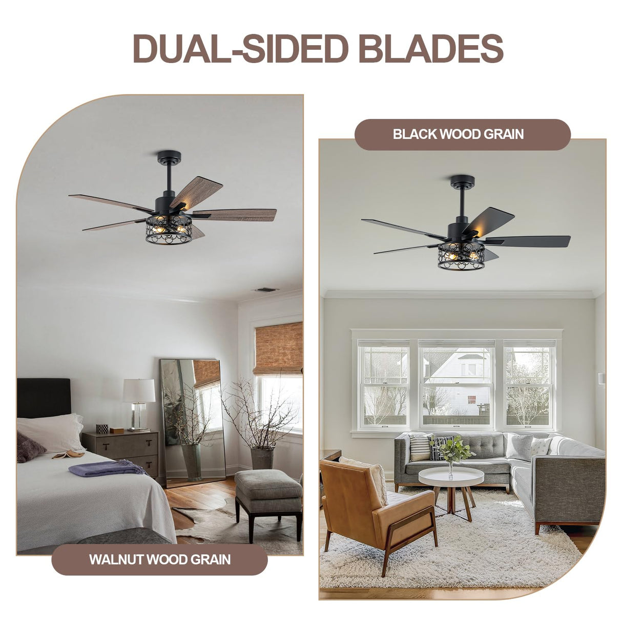 Curve Curio 52 Inch Farmhouse Ceiling Fan with Light Industrial Ceiling Fan Rustic Caged Chandelier Fan for Living Room Bedroom Patio (Black, 52 inch) Curve Curio