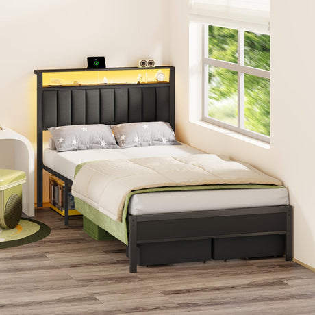 Furnulem Full Size Bed Frame with Charging Station and LED Lights, Grey Upholstered Headboard with Shelves, Metal Platform Bed with 2 Under-Bed Storage (Fabric Drawer on Wheels), No Box Spring Needed Furnulem