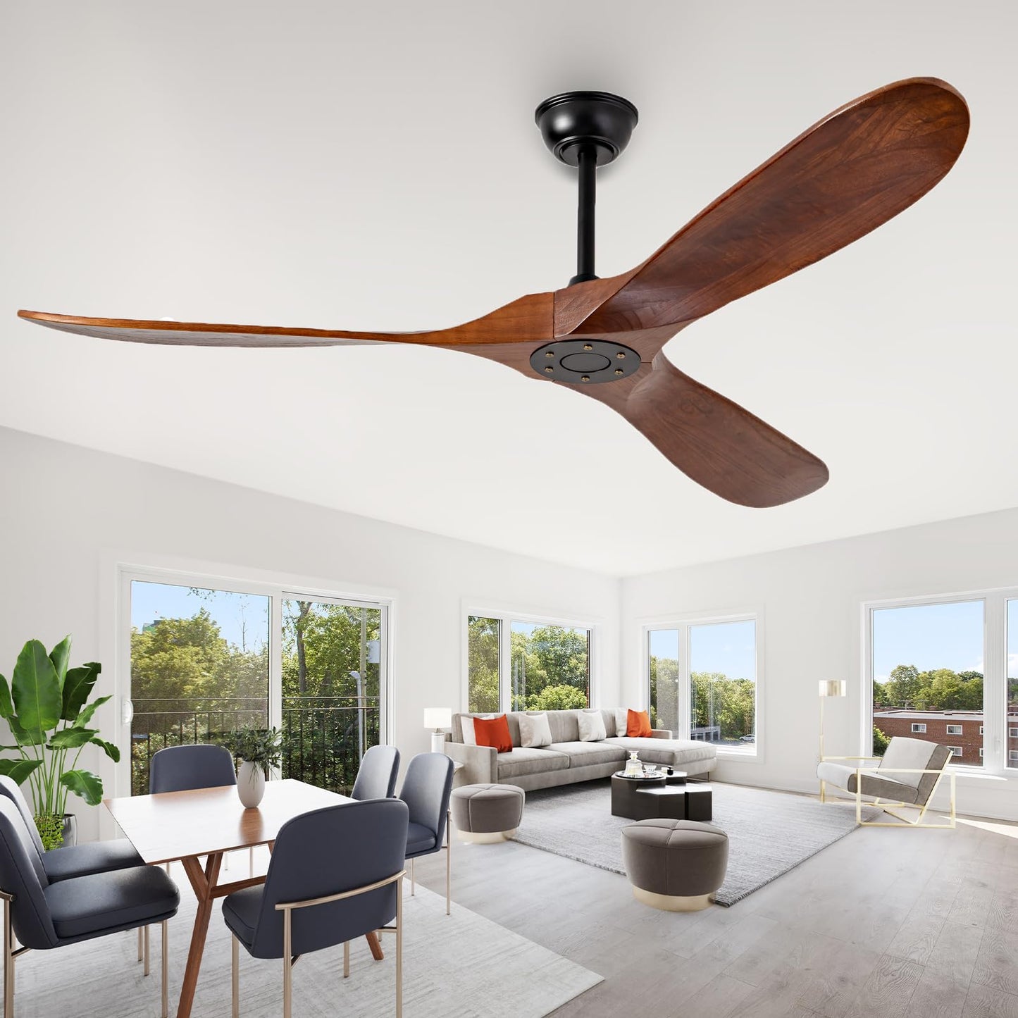 Ceversa 60 Inch Solid Wood Ceiling Fans No Lights Remote Control,Large Outdoor Real Wood Ceilings Fan Without Lights 3 Walnut Blades Craftmade Quiet for Patio Farmhouse Living Room Bedroom Office