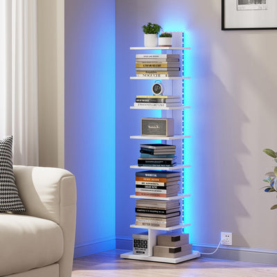 TUTOTAK Narrow Bookshelf, 8-Tier Bookcase with LED Lights, Spine Book Shelf for Small Space, Corner Standing Shelf for Living Room, Office, Study, Entryway, White BS06BW008L