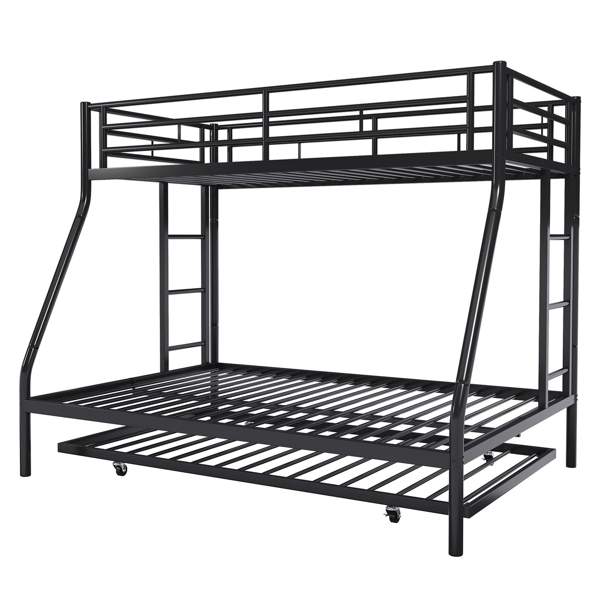 SUNLEI Metal Loft Bed with 2 Secured Ladders, Bunk Bed Twin Over Full with Trundle, Trundle Bed Twin Safety Guard, Space-Saving, Noise Free for Small Bedroom, (Black, Twin Over Full) SUNLEI