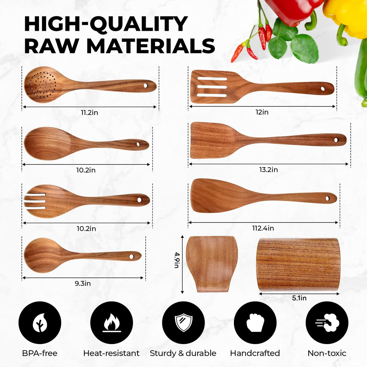 Wooden Spoons for Cooking, Teak Wooden Utensil Set, Handmade Cooking Utensil Set with Spoon Rest and Utensils Holder (9Pcs) Bkiok