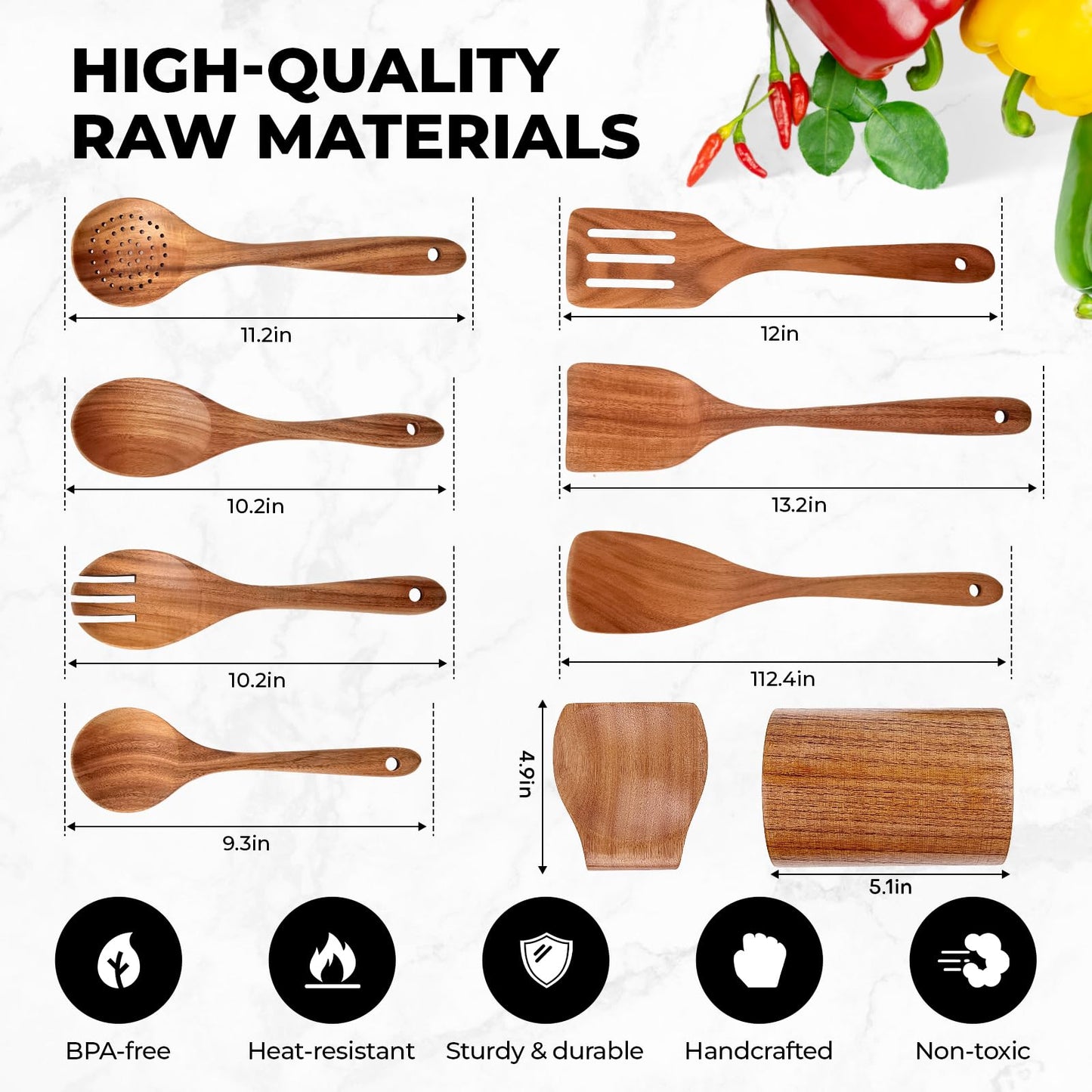 Wooden Spoons for Cooking, Teak Wooden Utensil Set, Handmade Cooking Utensil Set with Spoon Rest and Utensils Holder (9Pcs)