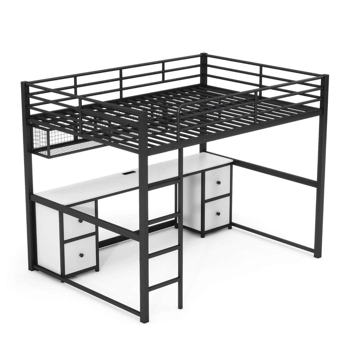 Ziraukon Full Size Loft Bed with Desk, Metal Loft Bed with 4 Drawers and Bedside Tray, Full Loft Bed Frame with Charging Station, USB and Socket, Black