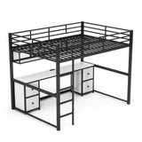 Ziraukon Full Size Loft Bed with Desk, Metal Loft Bed with 4 Drawers and Bedside Tray, Full Loft Bed Frame with Charging Station, USB and Socket, Black Ziraukon