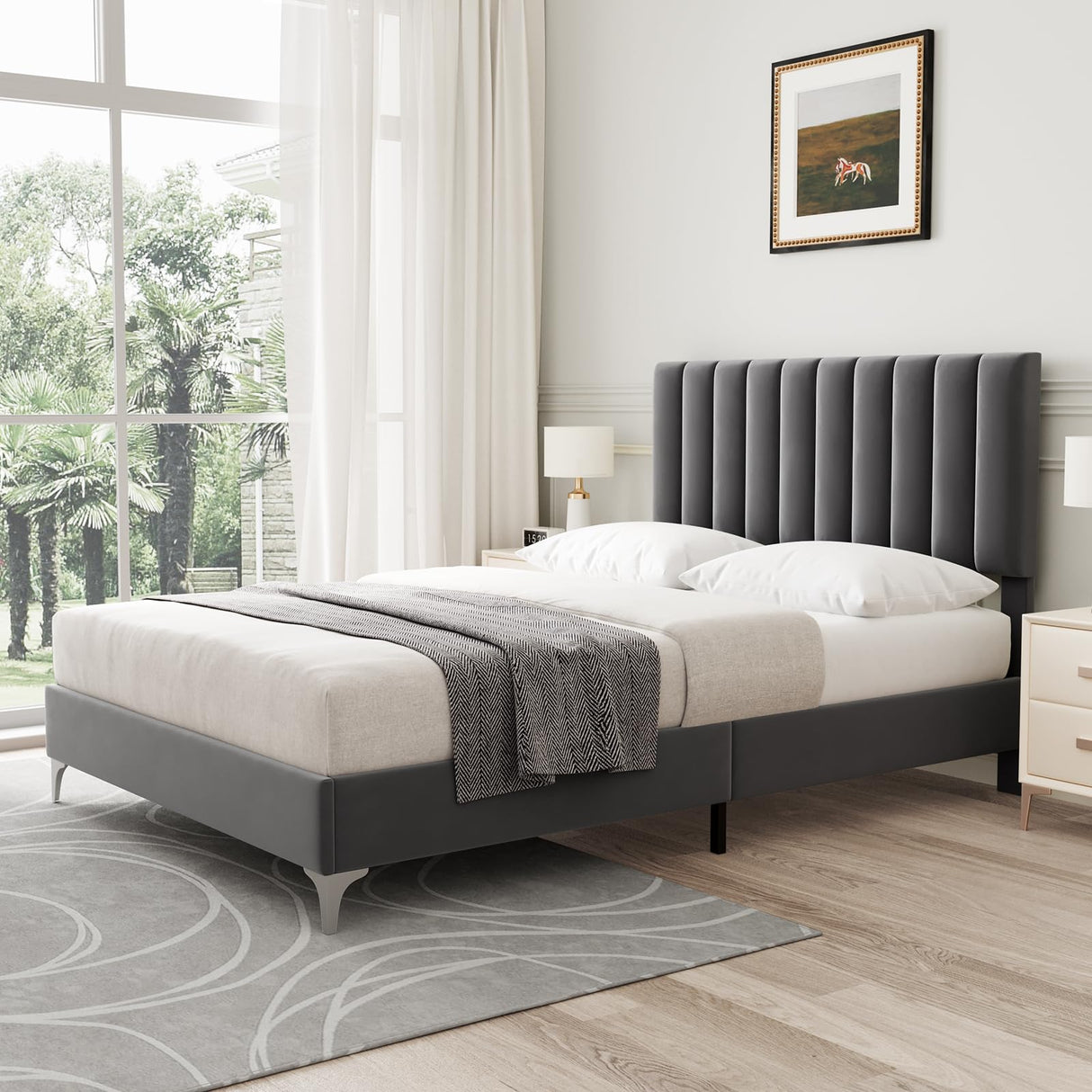IDEALHOUSE Full Size Bed Frame with Adjustable Headboard, Velvet Upholstered Platform Bed Frame with Strong Wooden Slats, Non-Slip and Noise-Free, No Box Spring Needed, Easy Assembly, Grey IDEALHOUSE