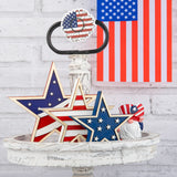 Whaline 4th of July Star Table Decor Patriotic Embossed Stars Stripes Wooden Sign American Flag Tiered Tray Table Centerpiece Farmhouse Wood Block Tabletop for Independence Day Memorial Day, 3Pcs Whaline